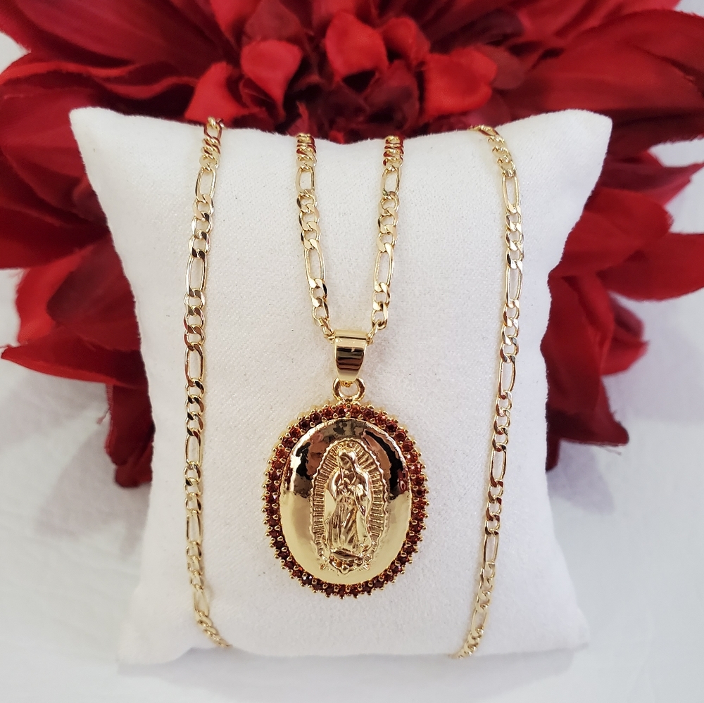 Lady of Guadalupe Red Rhinestone Gold Plated Necklace